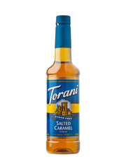 Torani front bottle showing salted caramel label and convenient pour cap