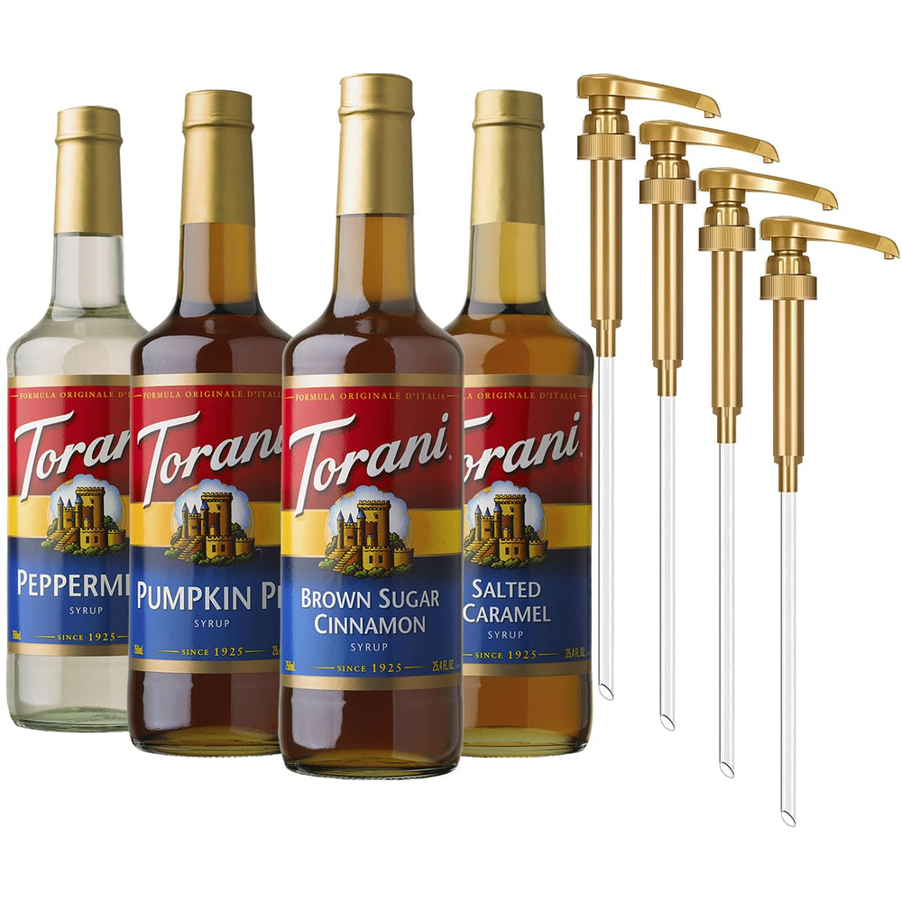 Torani front packaging showing four seasonal syrups and pumps for easy serving