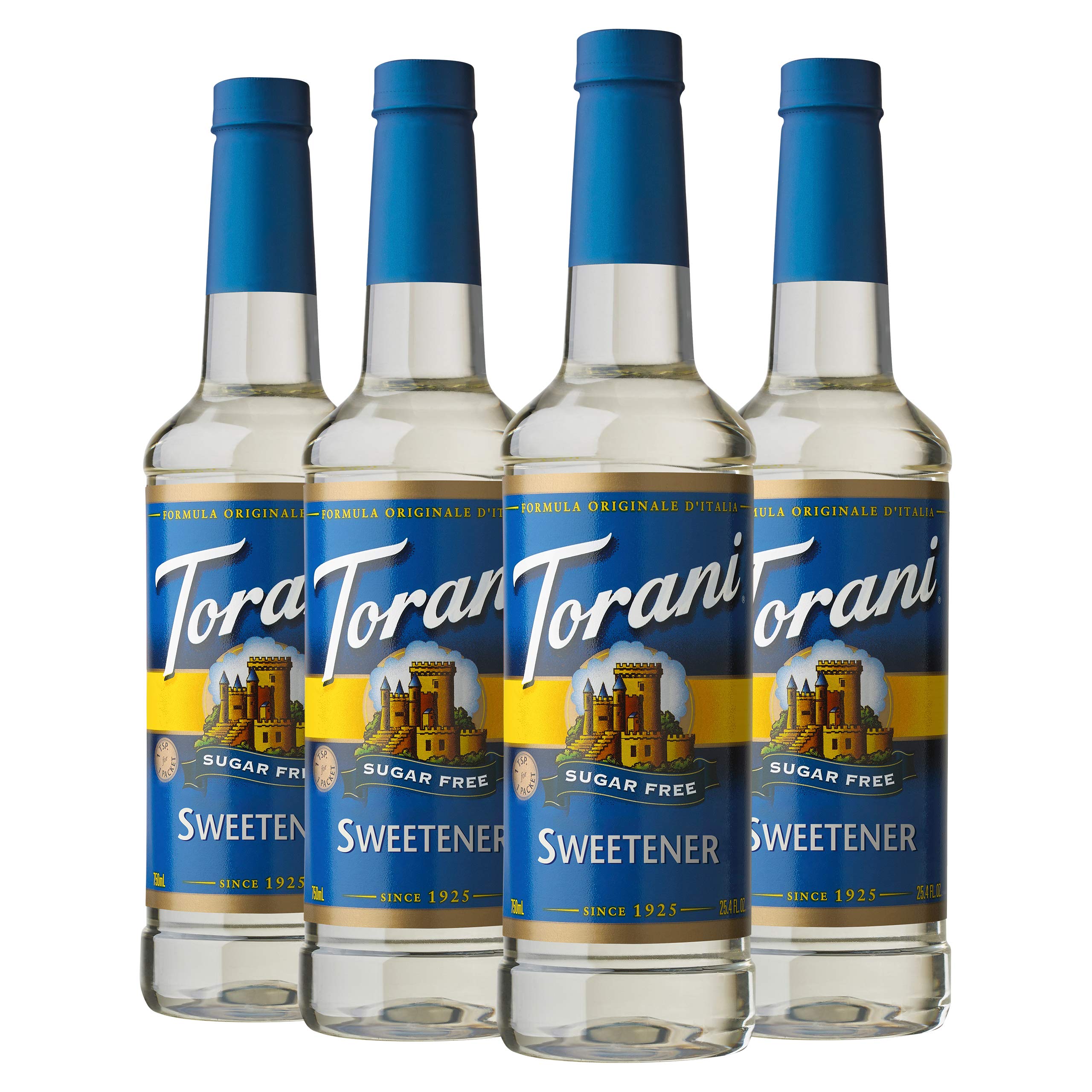 Torani front packaging showing four bottles and brand for consistent flavor
