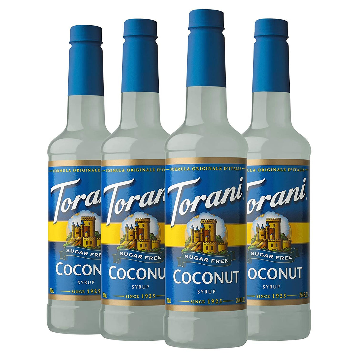 Torani bottle front shows coconut flavor and shelf-ready appeal
