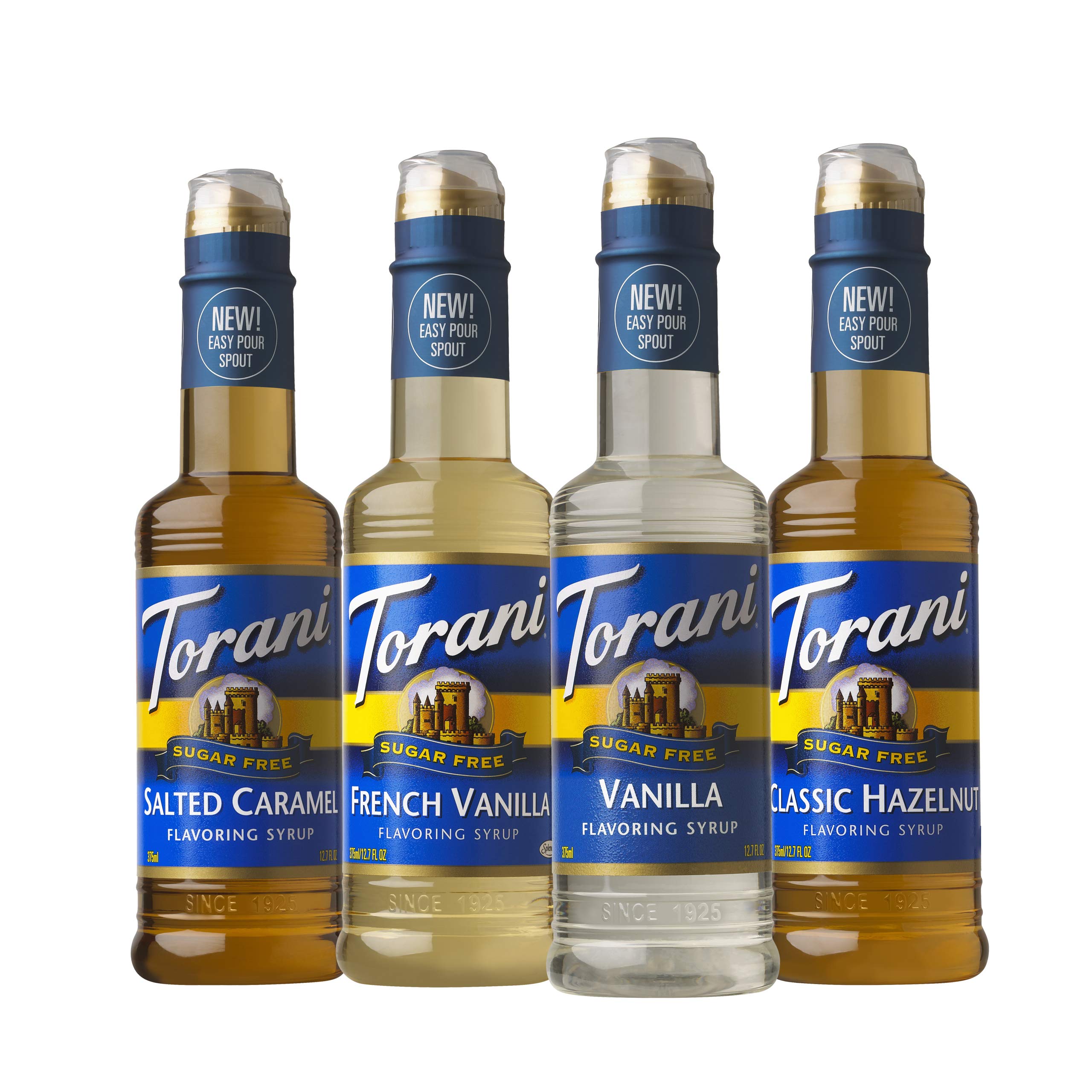 Torani front packaging showing four sugar free bottles benefiting quick flavor