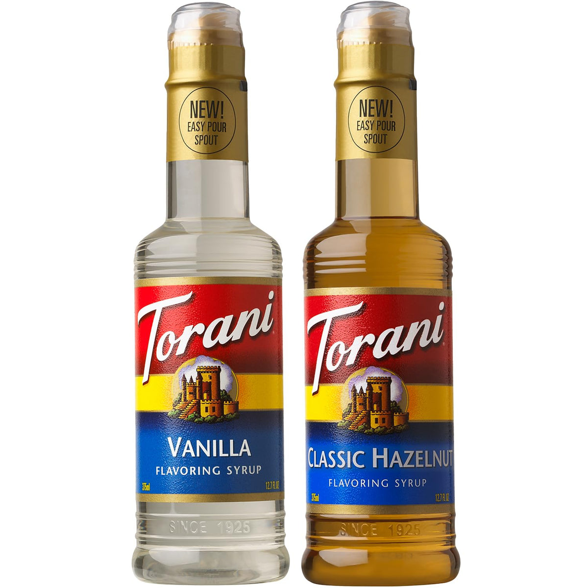 Torani front packaging showing both hazelnut and vanilla bottles and easy-pour benefit