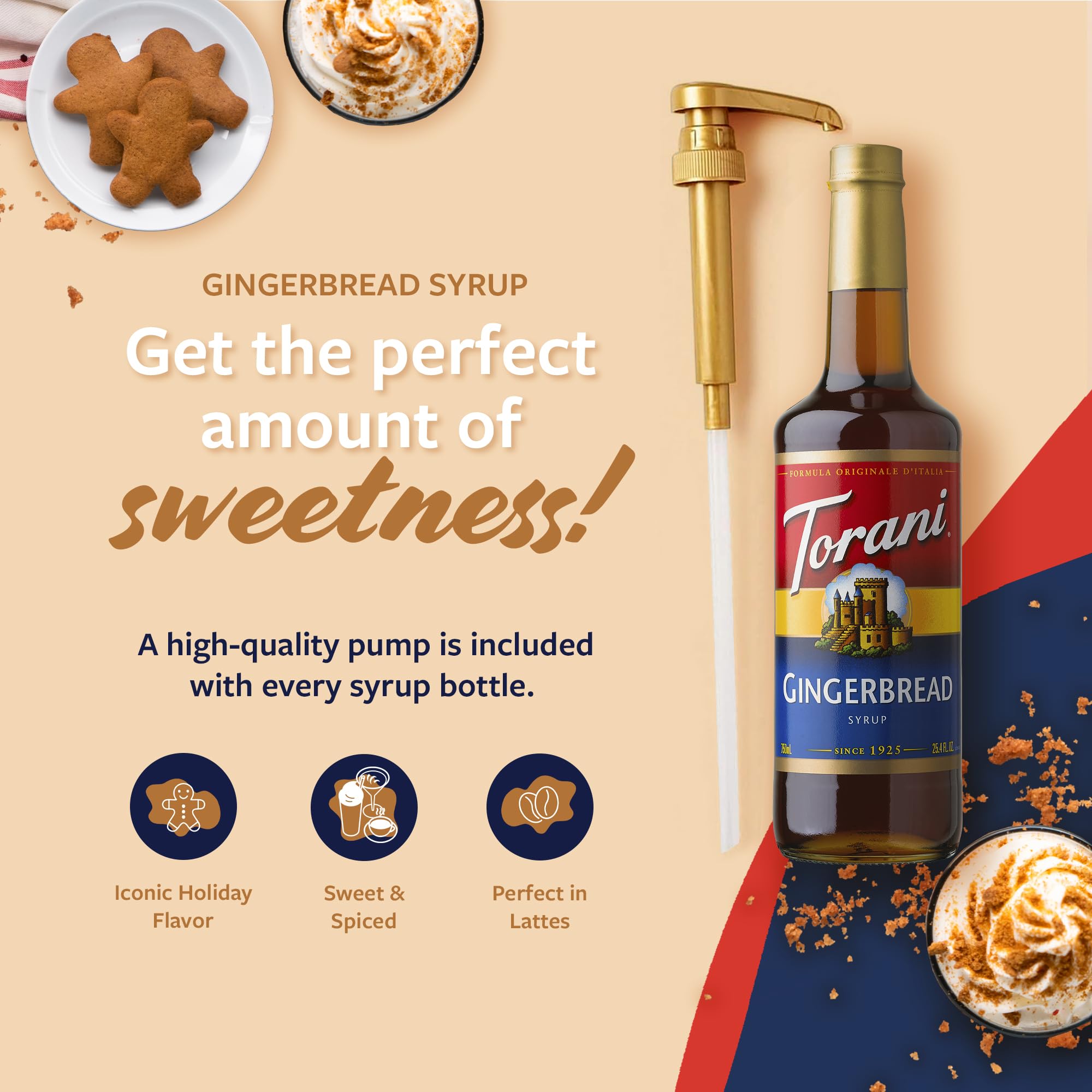 Torani gingerbread bottle beside cup showing size and serving scale