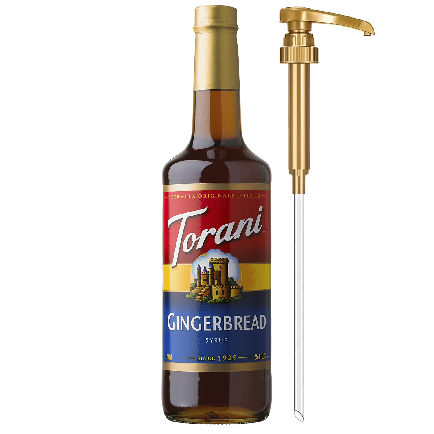 Torani gingerbread front packaging showing bottle and pump for easy serving