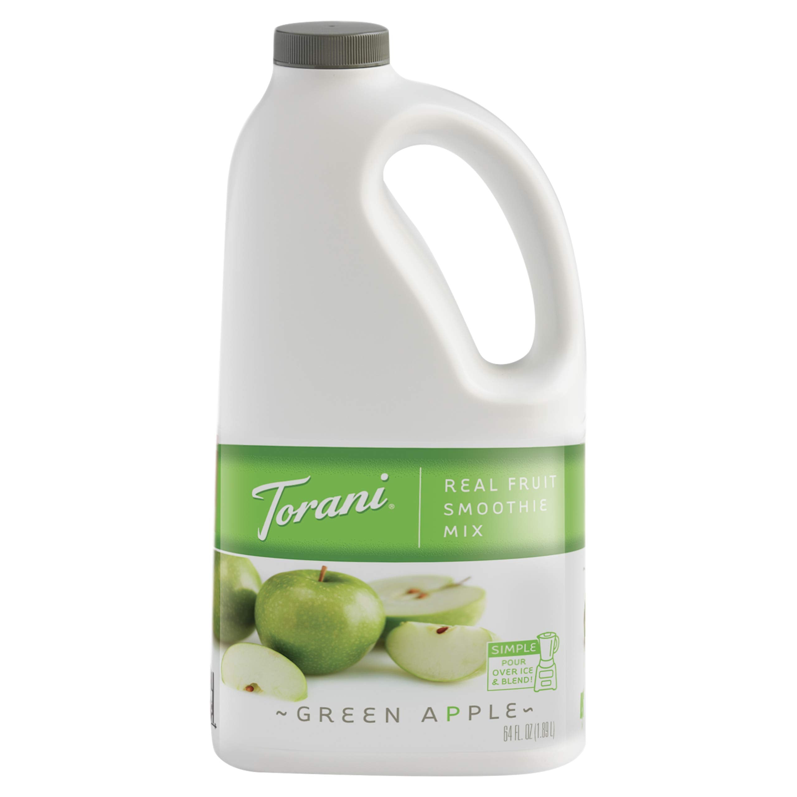 Torani bottle front label showing green apple flavor and convenient 64 fl oz size benefit