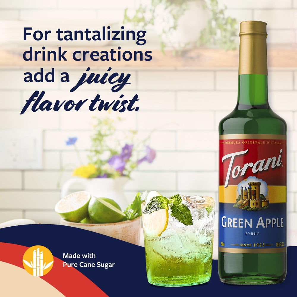 Torani green apple syrup in iced drink adding bright tart flavor