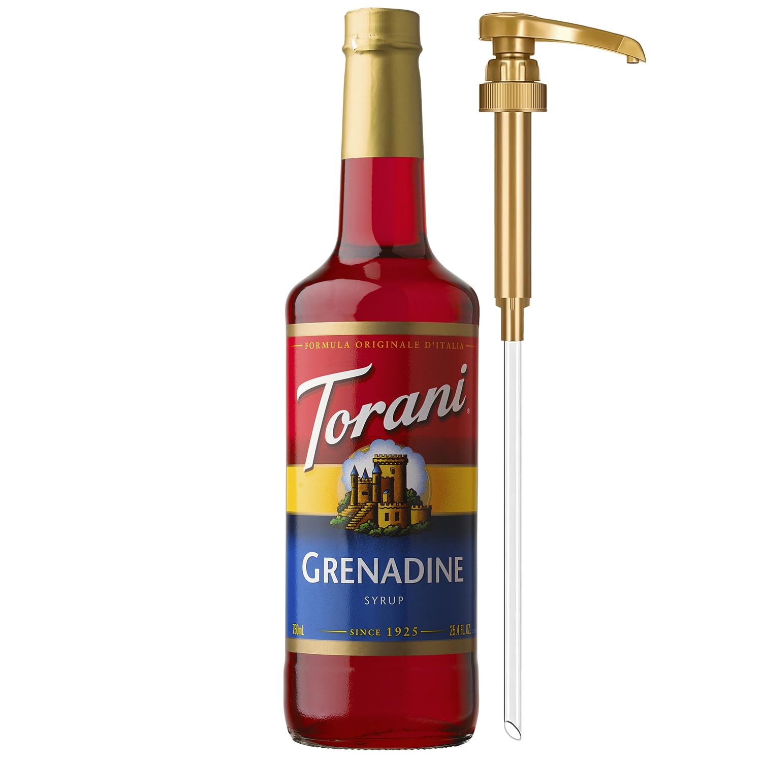 Torani grenadine front packaging showing label and pump for consistent pours