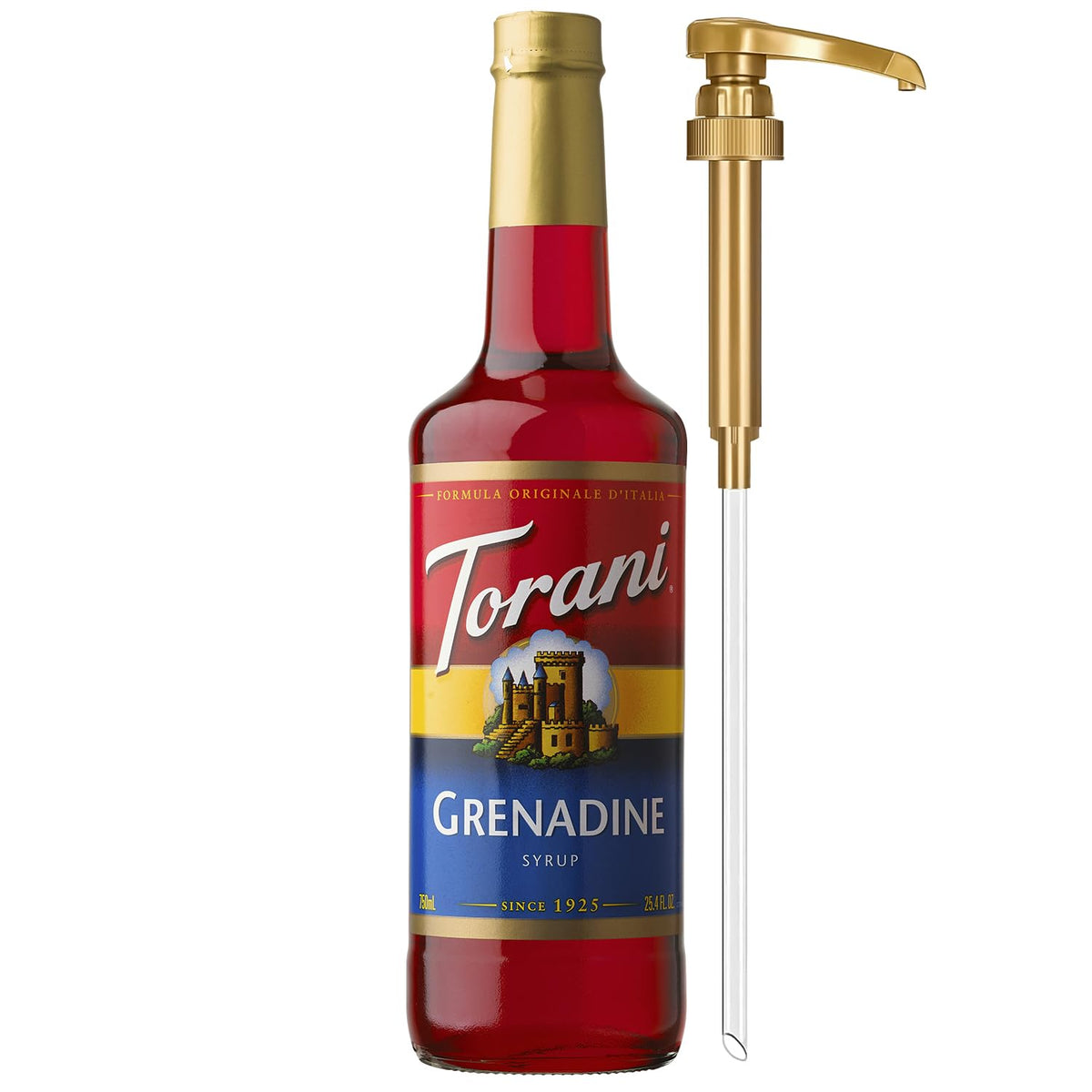 Torani grenadine front packaging showing label and pump for consistent pours