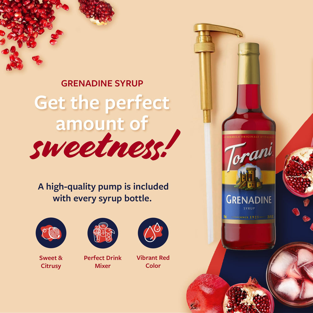 Torani grenadine pouring into glass to add color and balanced sweetness