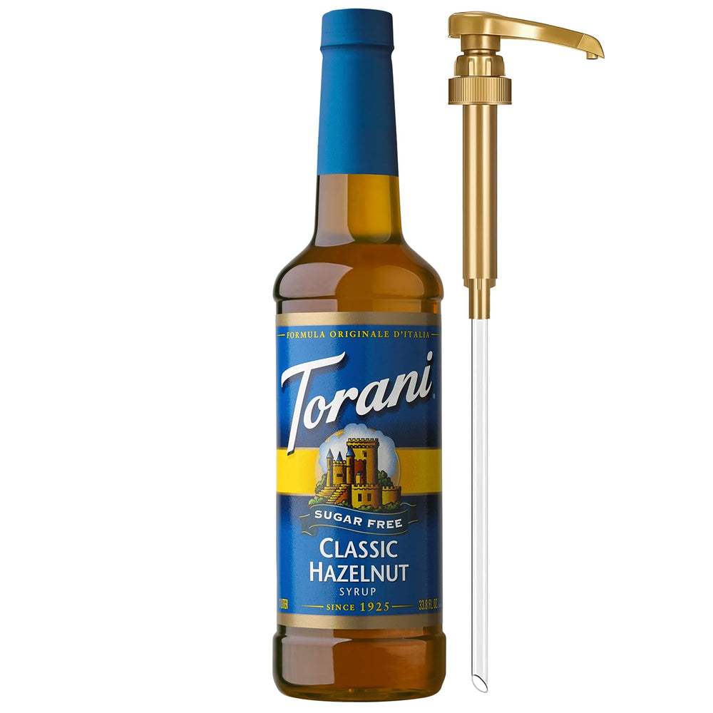 Torani sugar-free classic hazelnut bottle front showing label and pump for easy serving