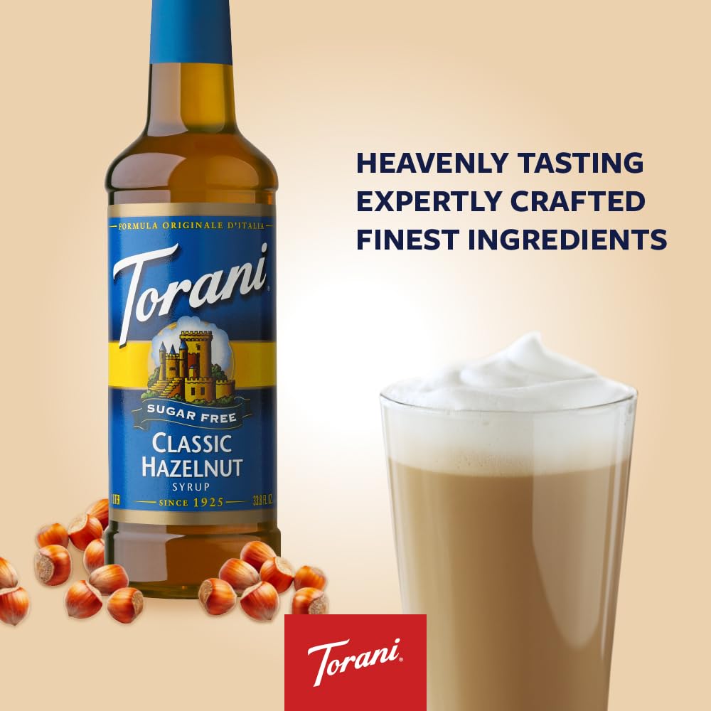 Torani label closeup highlighting natural flavors and zero calorie claim