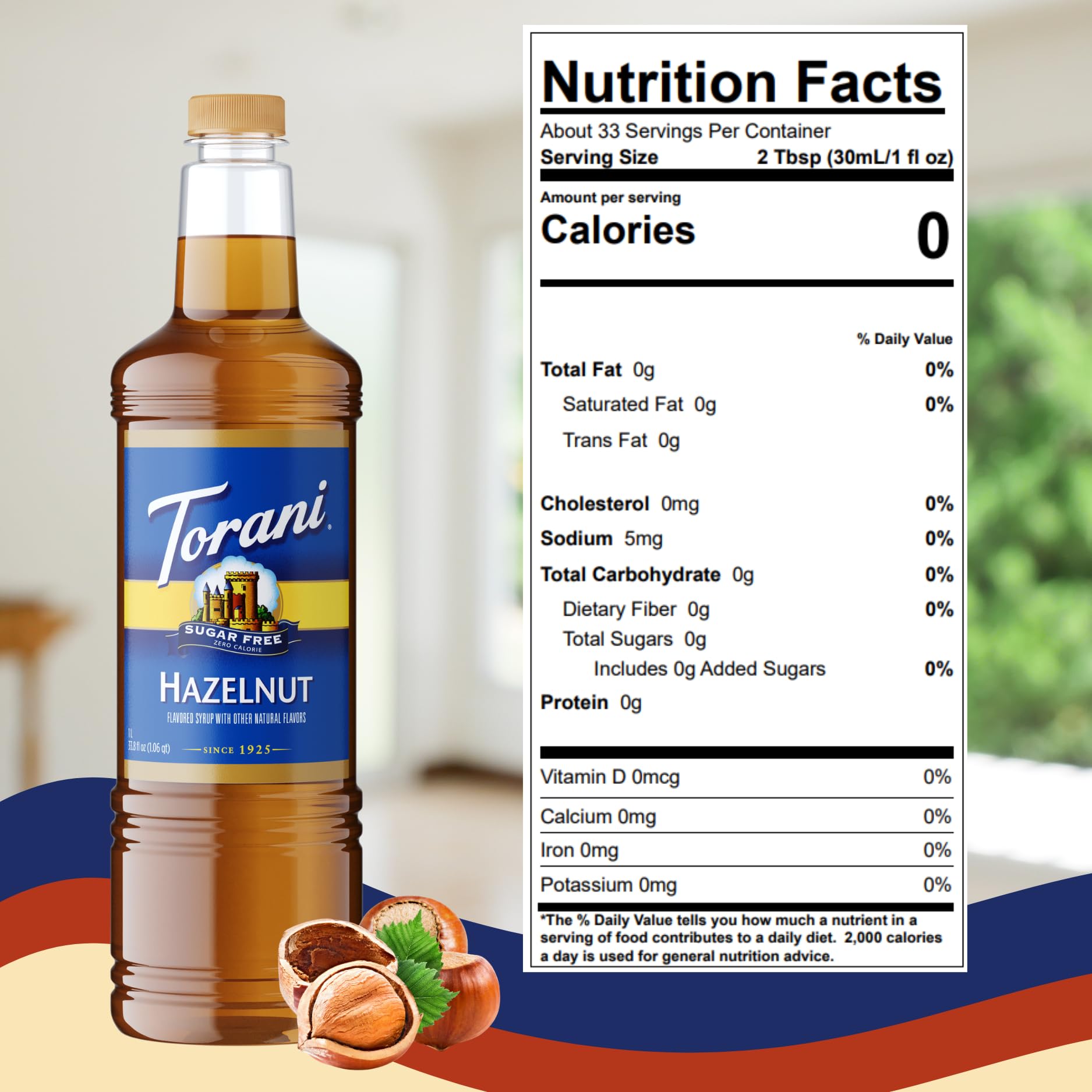 Torani bottle next to a coffee cup showing 1L scale and portion control benefits