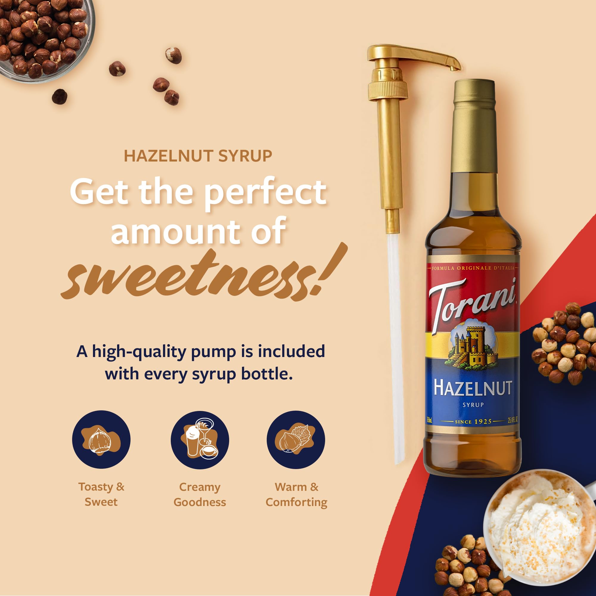 Close-up pour of Torani hazelnut syrup showing smooth texture and consistent flow