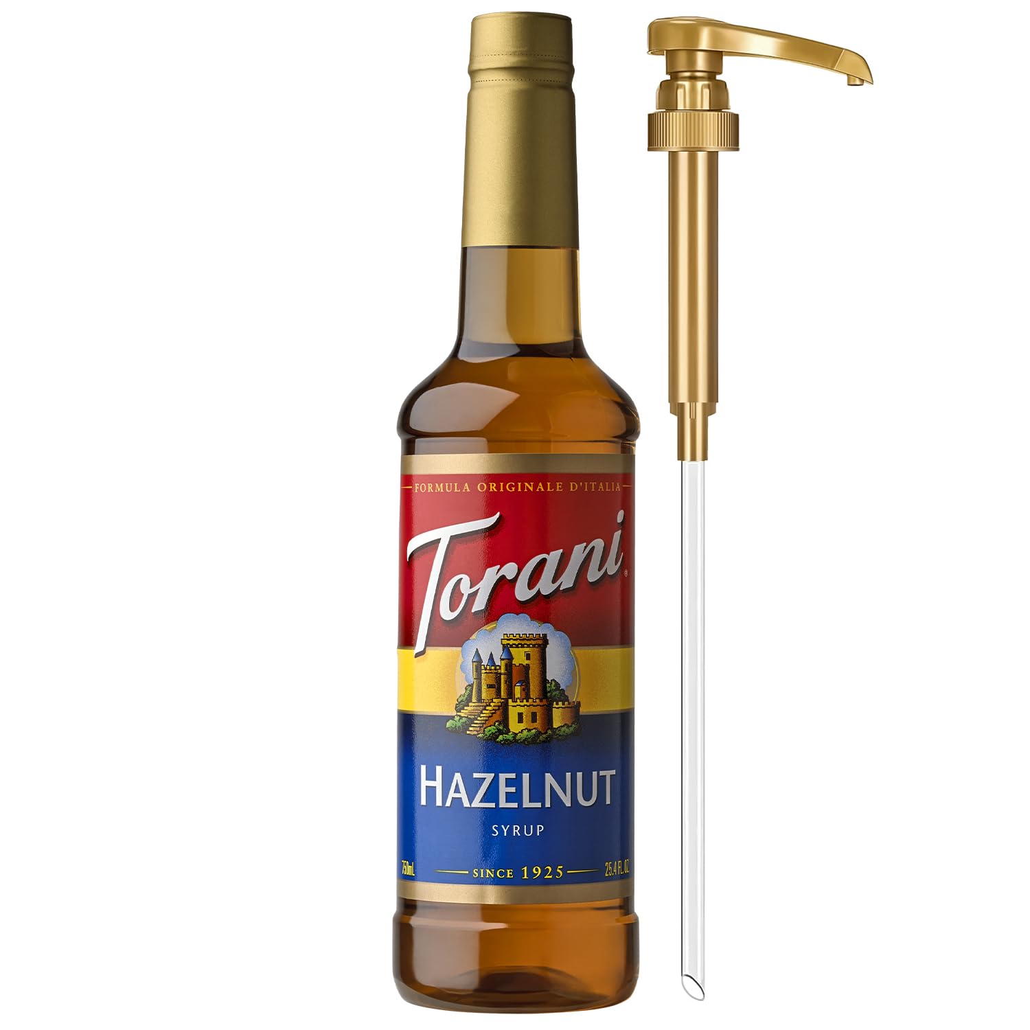 Torani hazelnut front label showing brand and size for quick recognition and trust