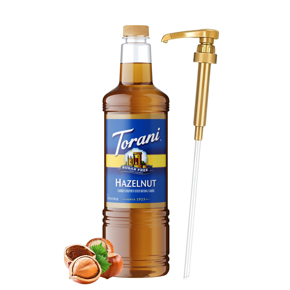 Torani bottle front packaging showing hazelnut flavor and size for quick recognition
