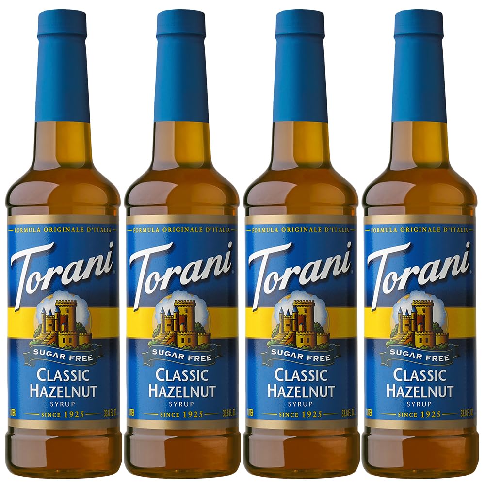 Torani bottle front packaging showing hazelnut flavor and sugar free benefits