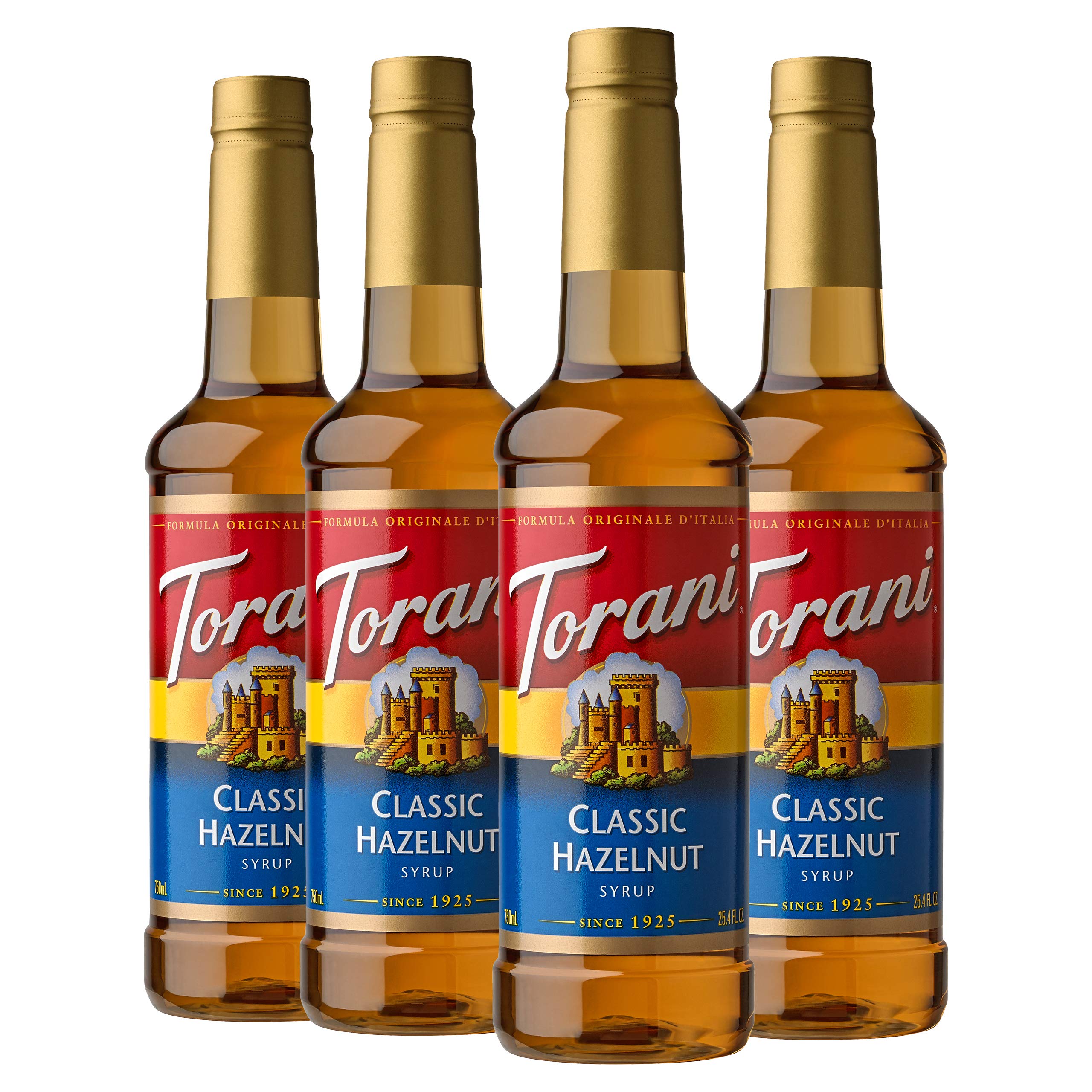 Torani bottle front packaging showing hazelnut flavor and size for easy selection