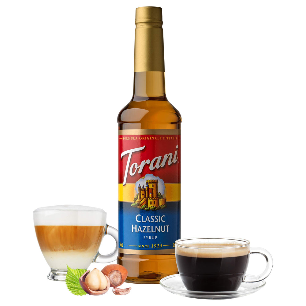 Torani label closeup highlighting ingredients and classic hazelnut branding benefits