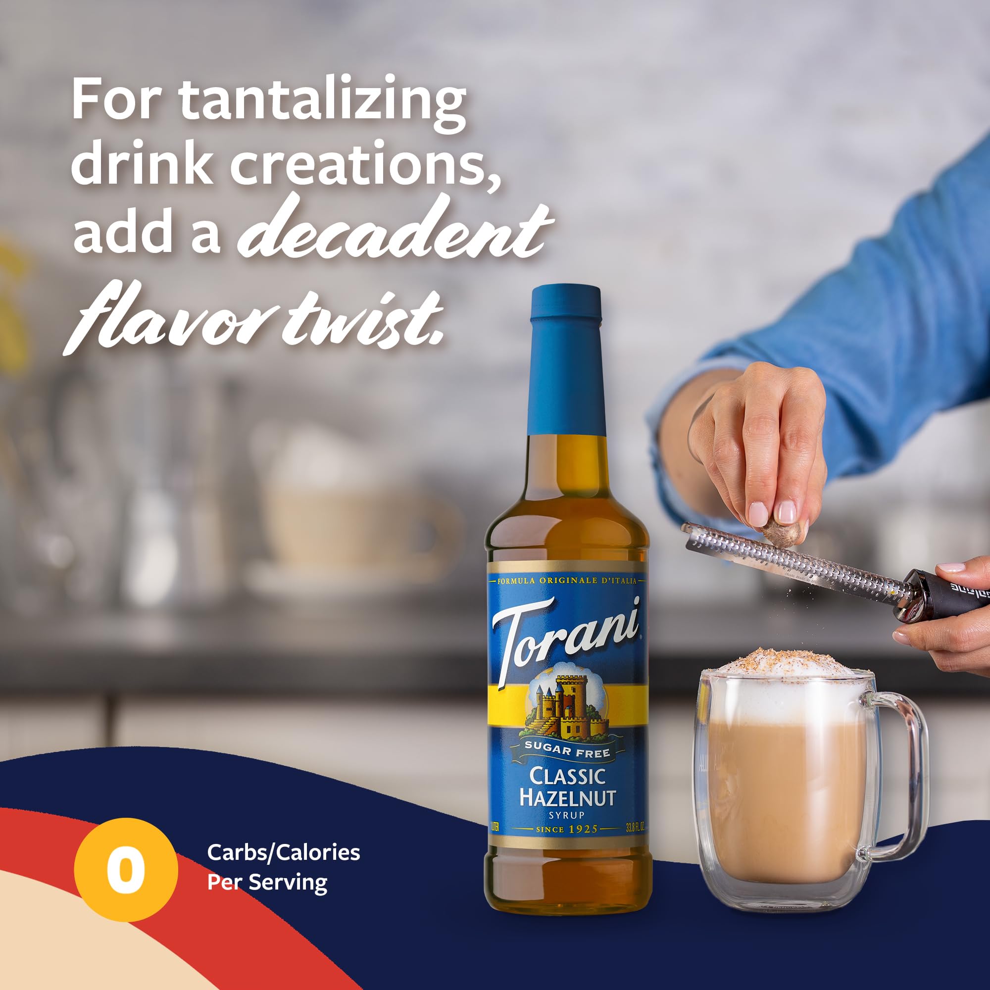 Torani hazelnut syrup poured into espresso to add nutty flavor and aroma