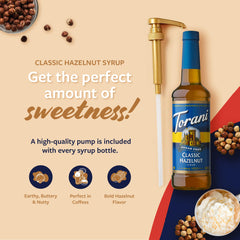 Torani pump close-up on hazelnut syrup bottle for mess-free, measured pours