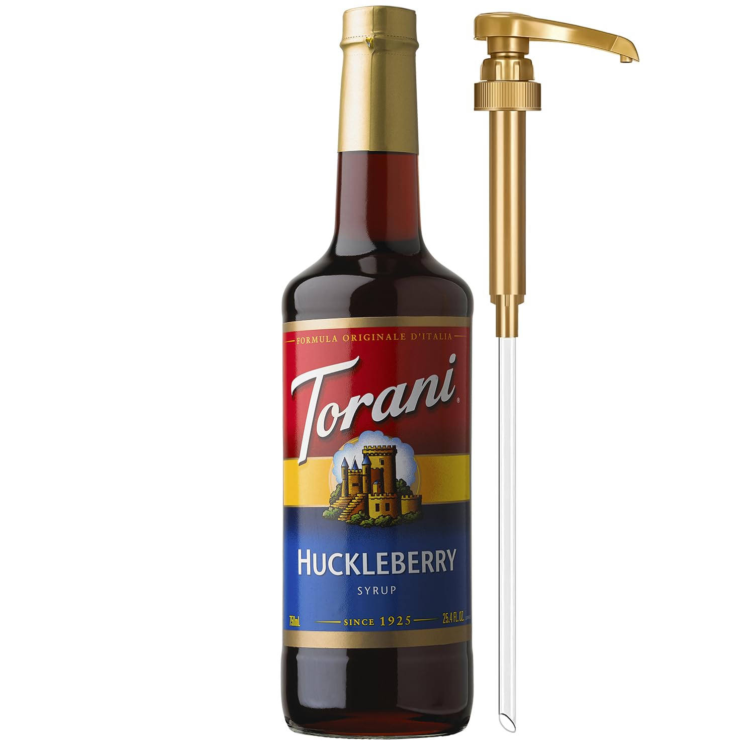 Torani bottle front view showing huckleberry flavor and generous size benefit