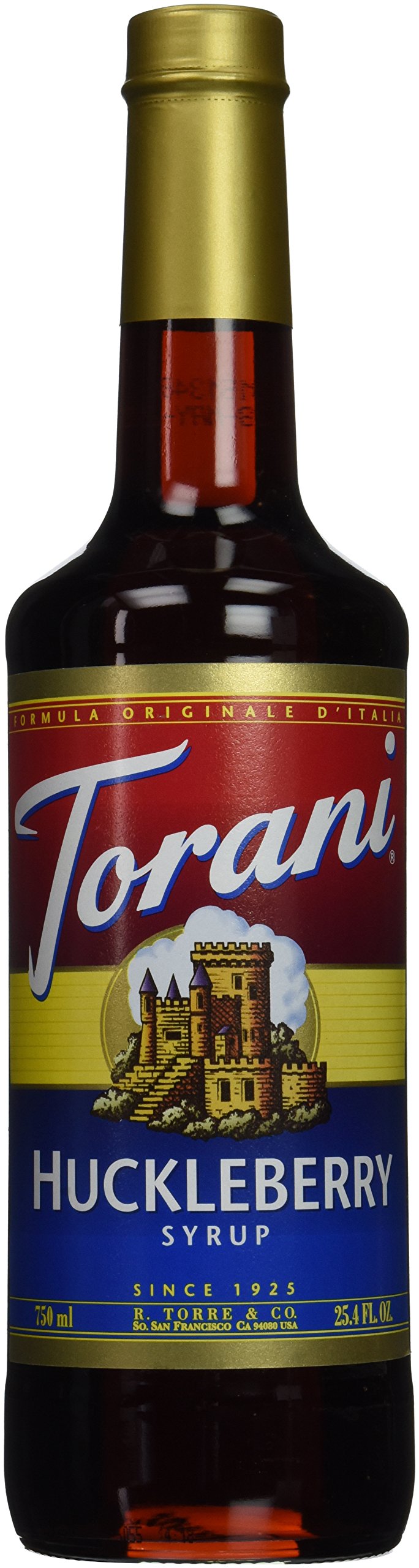 Torani huckleberry 750ml front packaging showing bottle and label with bright berry flavor