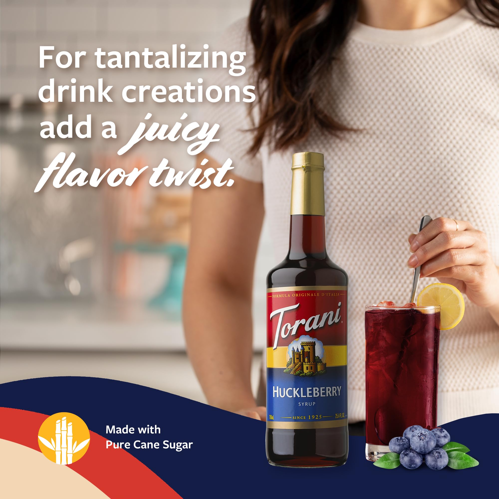 Torani huckleberry added to iced tea showing vibrant color and refreshing benefit