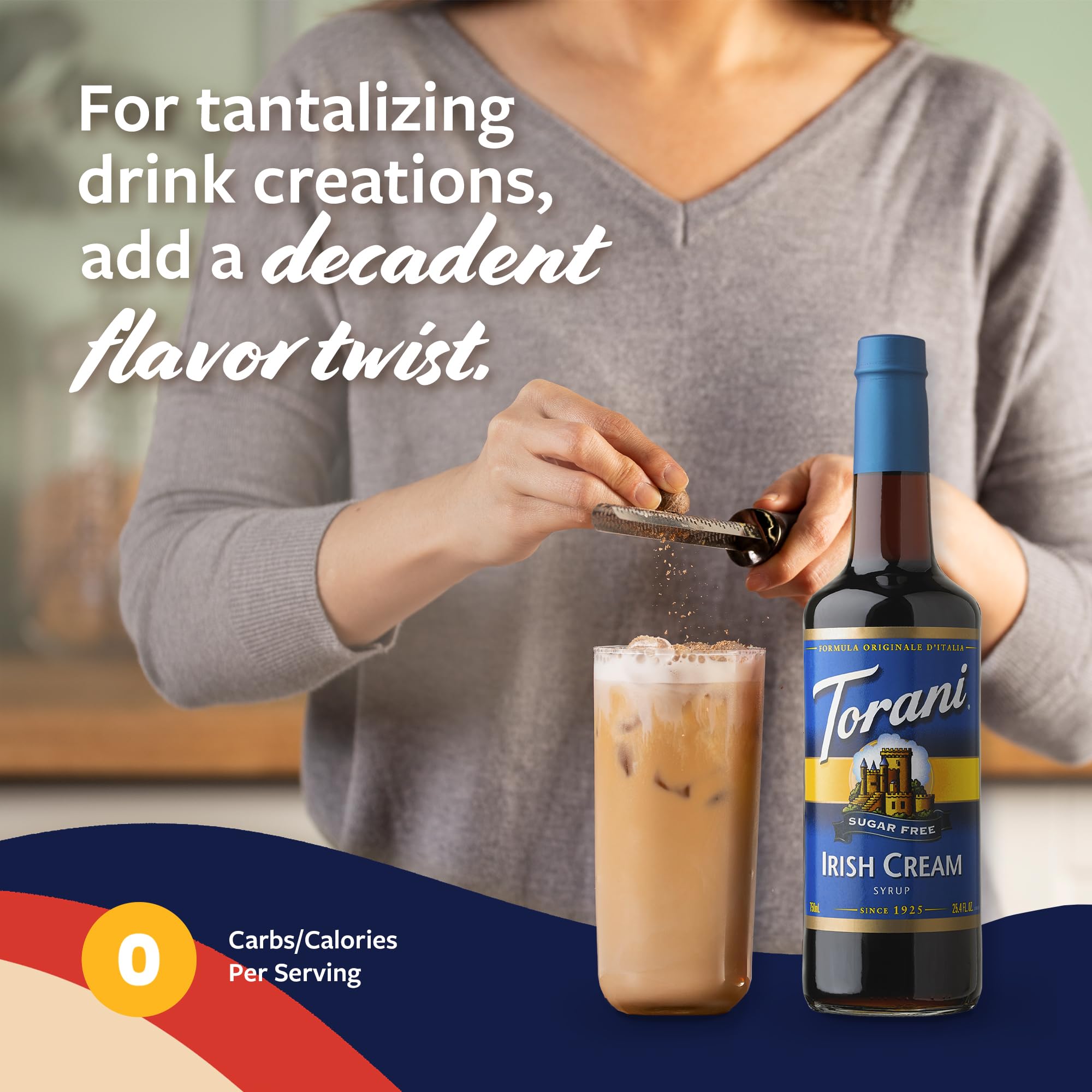 Close-up of Torani Irish Cream label emphasizing sugar-free info and brand assurance