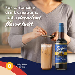 Close-up of Torani Irish Cream label emphasizing sugar-free info and brand assurance