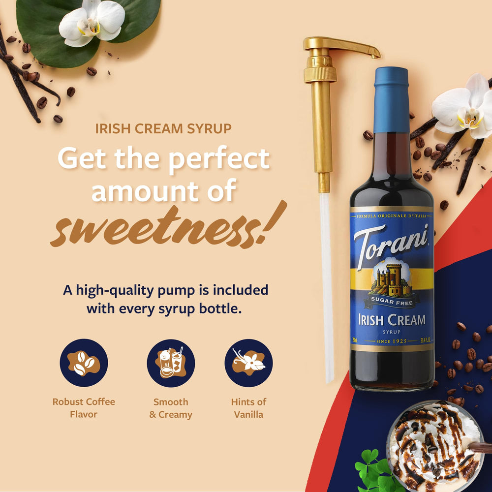 Torani Irish Cream syrup pouring into a steaming coffee showing rich flavor integration benefits