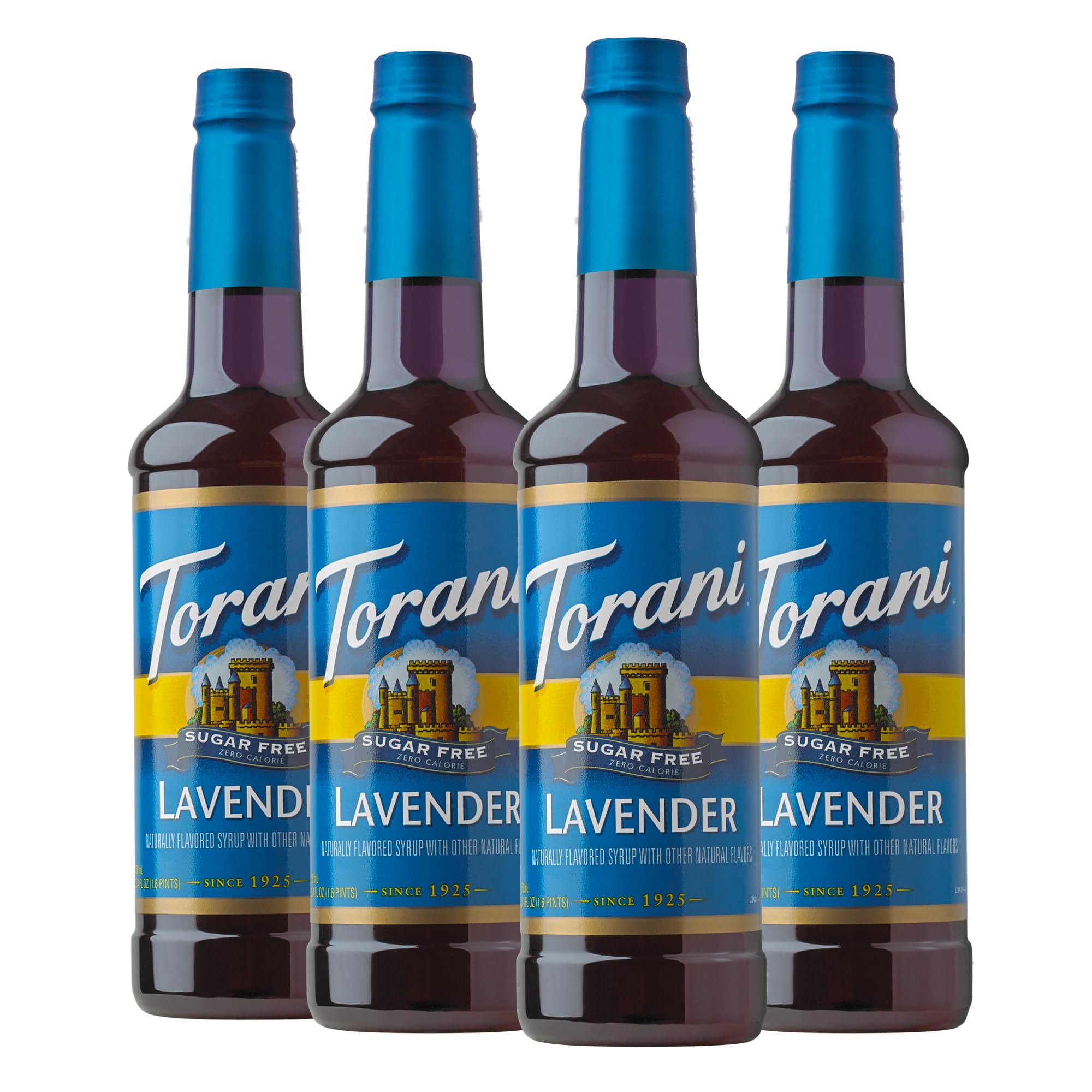 Torani bottle front packaging showing lavender flavor and pack convenience benefit