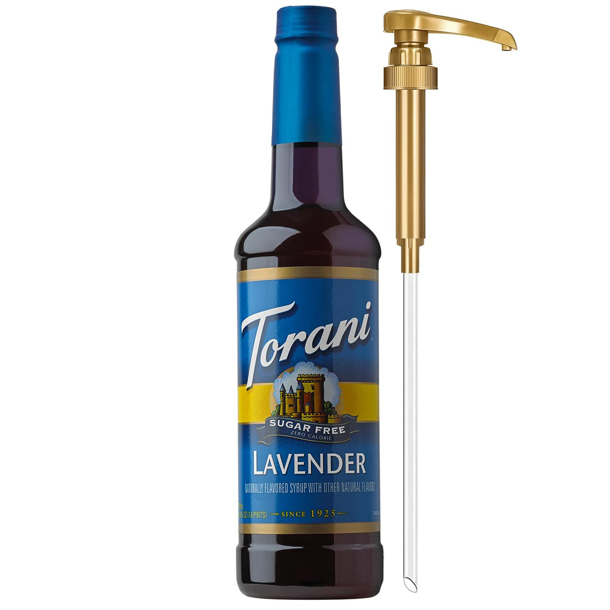 Torani sugar-free lavender syrup front packaging showing brand and bottle
