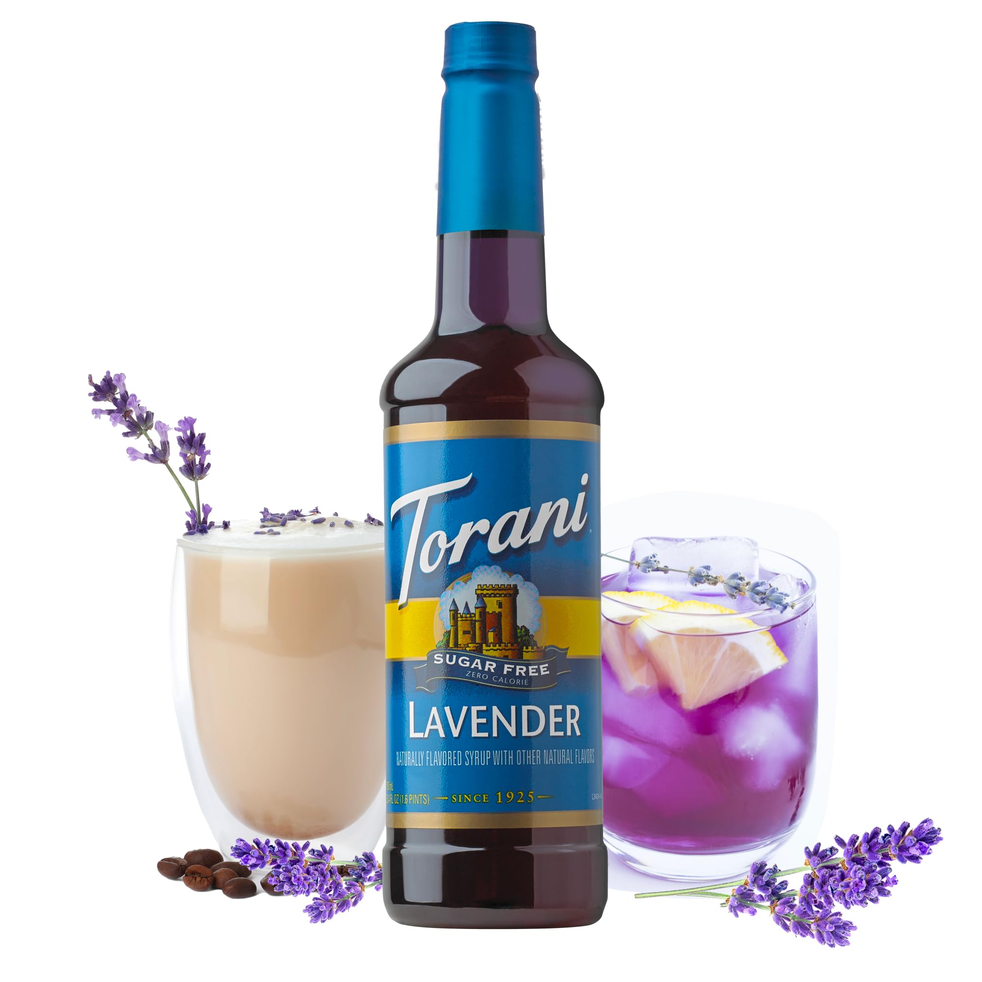 Torani lavender syrup pouring into glass highlighting smooth pour for consistent recipes