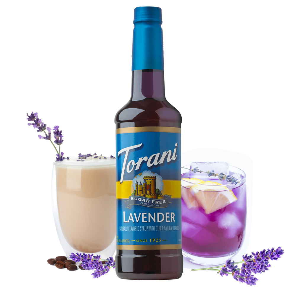 Torani lavender syrup pouring into glass highlighting smooth pour for consistent recipes