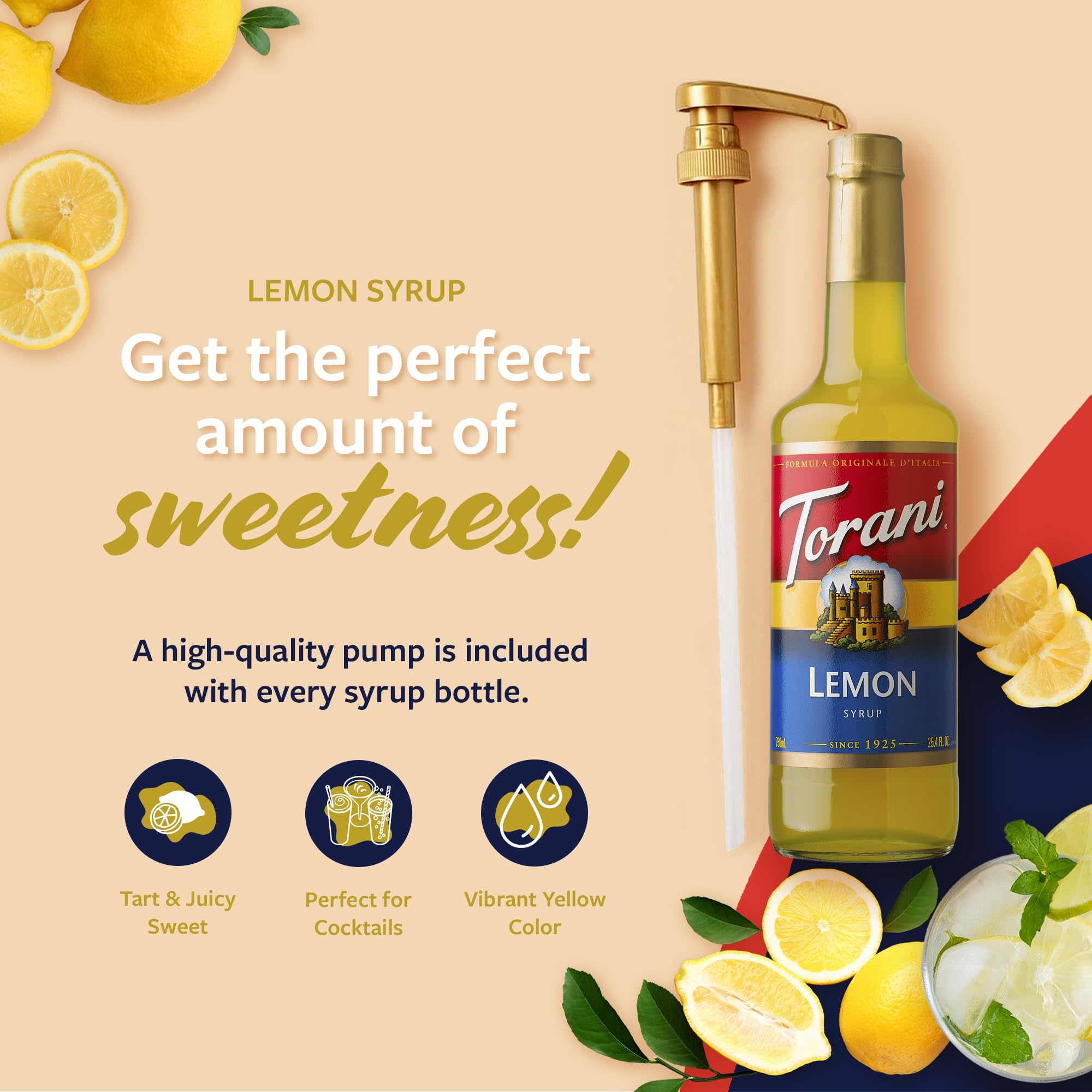Torani lemon syrup close-up texture highlighting smooth, concentrated pourability