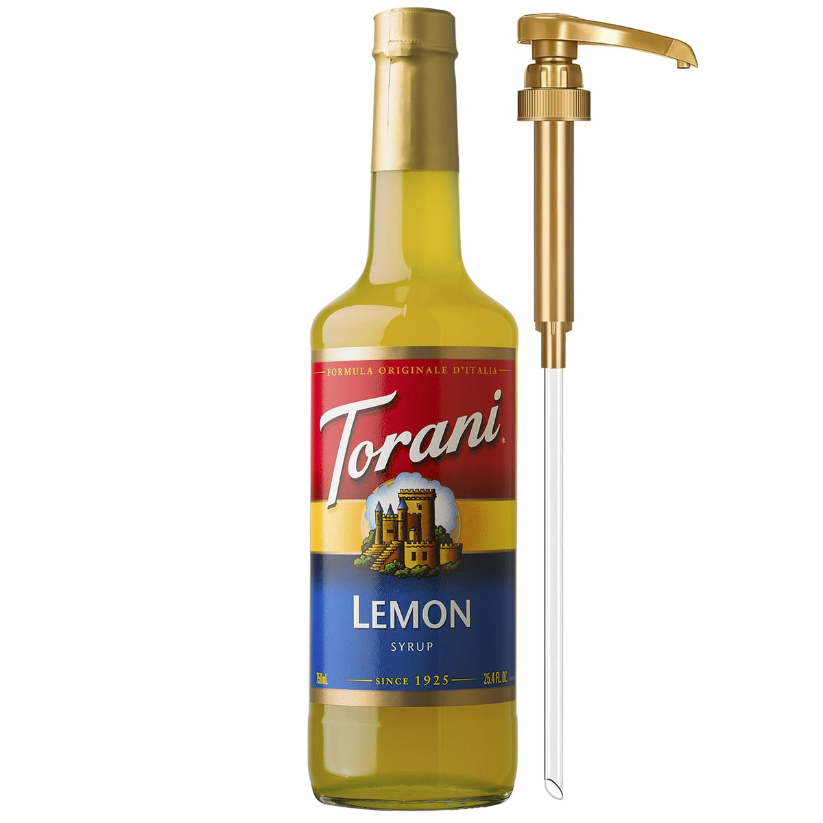 Torani lemon front bottle showing label and 750 ml size for easy identification