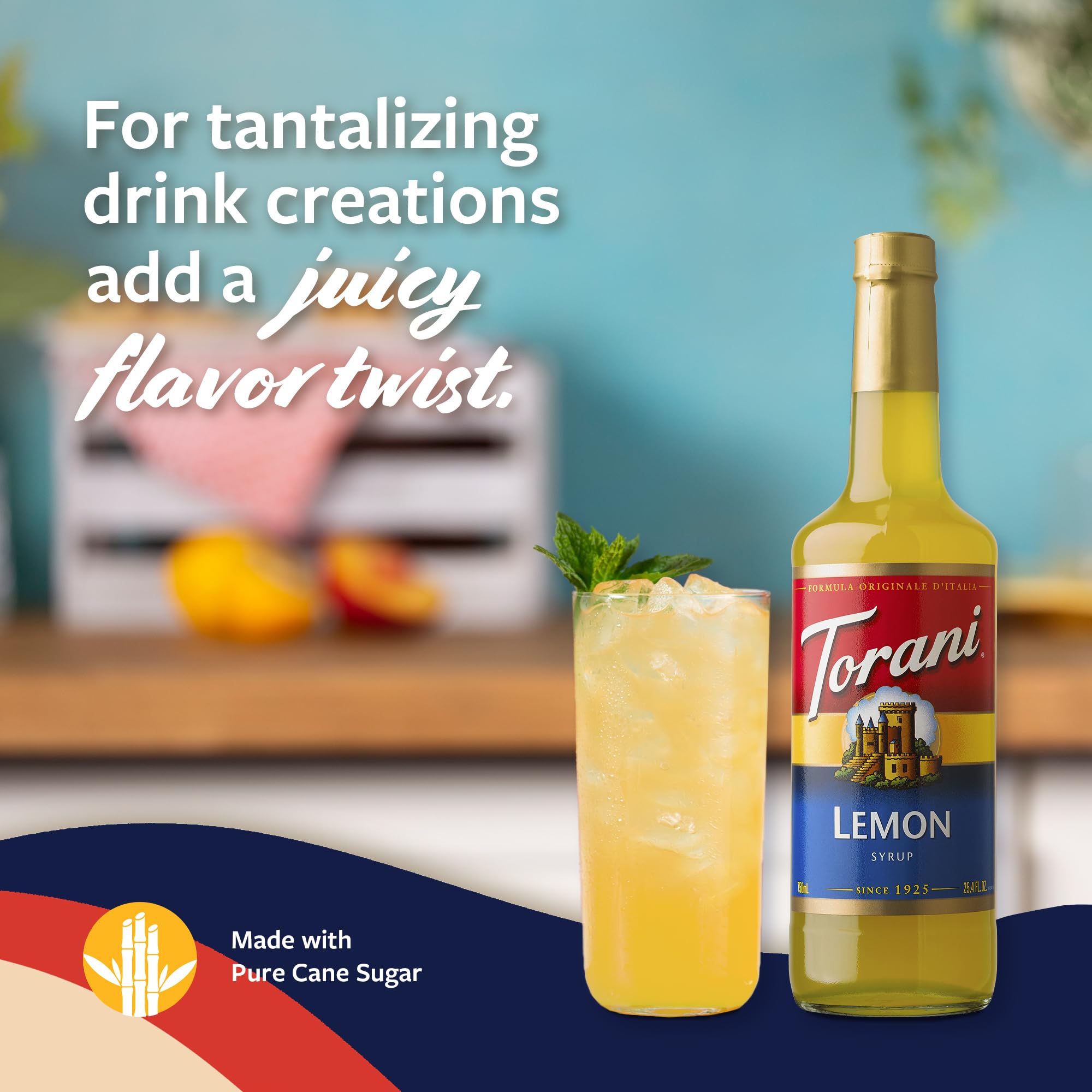 Torani lemon syrup mixed in iced tea showing bright lemon flavor enhancement