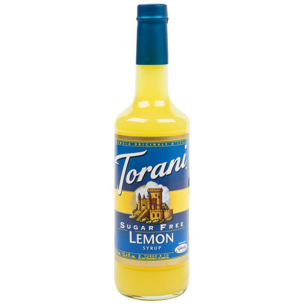 Torani lemon syrup sugar free bottle front showing label and size, easy citrus flavor