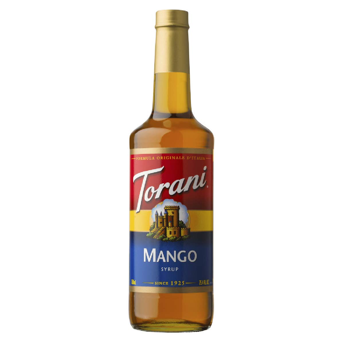 Torani bottle front label showing mango flavor and clear branding for easy identification
