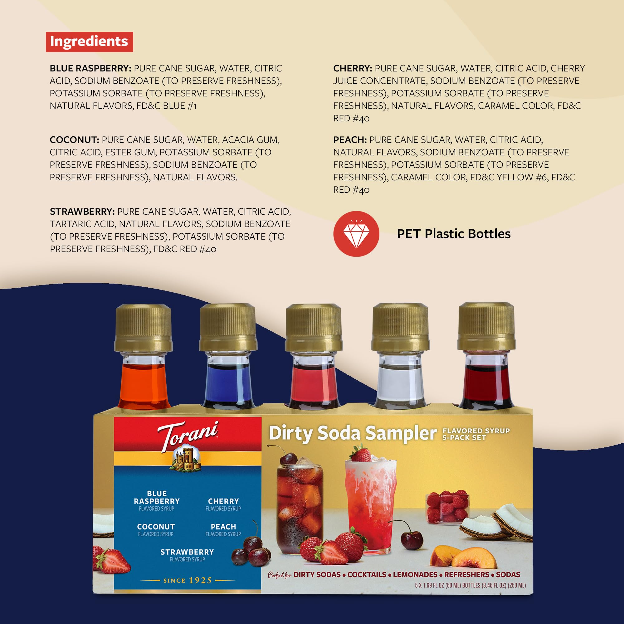Close-up of Torani mini bottles labels highlighting flavor names and clarity benefit
