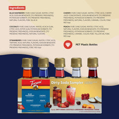 Close-up of Torani mini bottles labels highlighting flavor names and clarity benefit