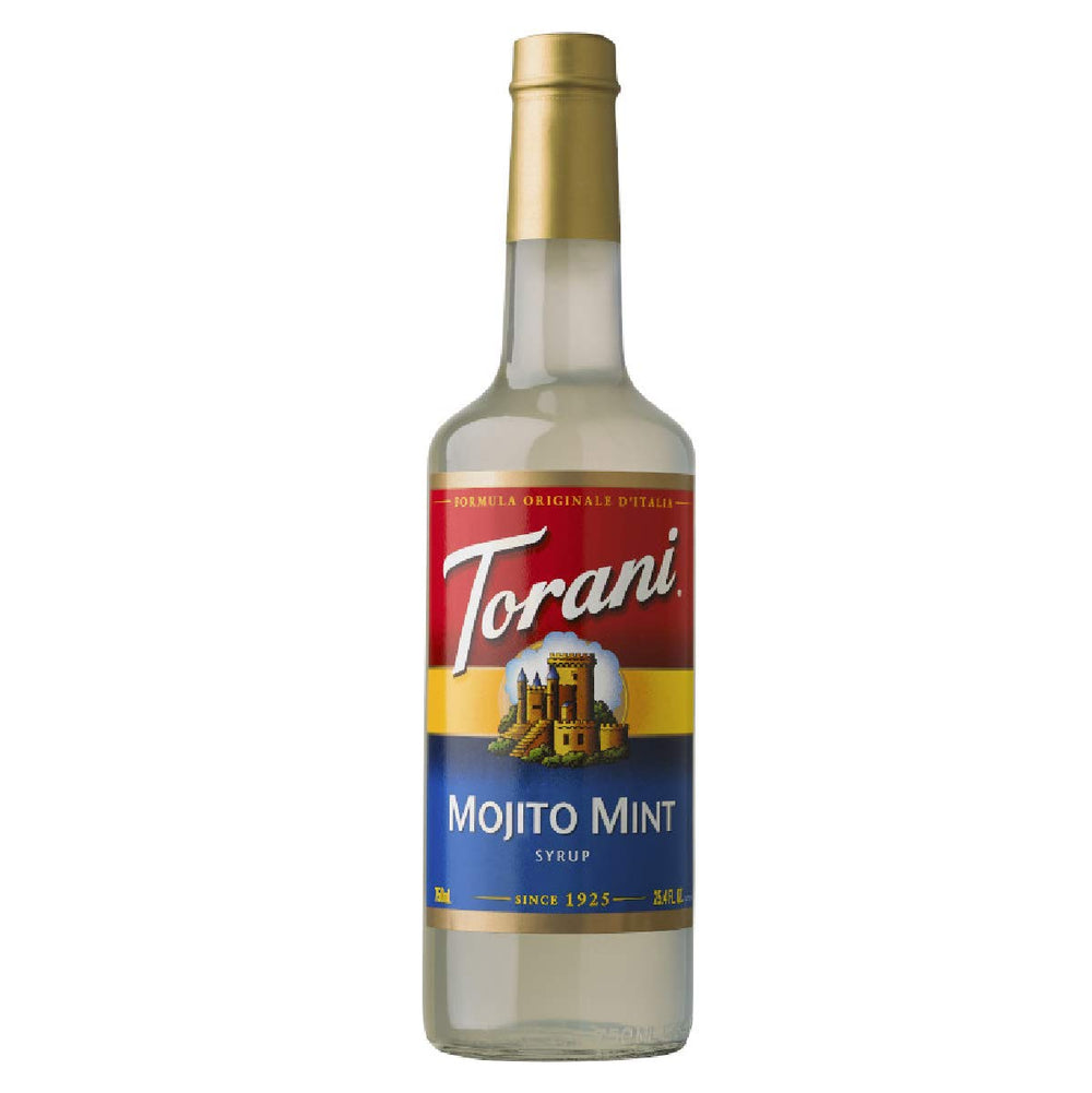 Torani Mojito Mint front bottle view showing label and size, highlights convenience