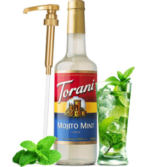 Torani Mojito Mint label close-up emphasizing brand and lime-mint flavor profile