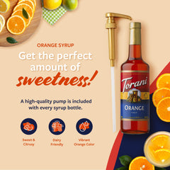 Close-up of Torani orange syrup texture and color, shows quality