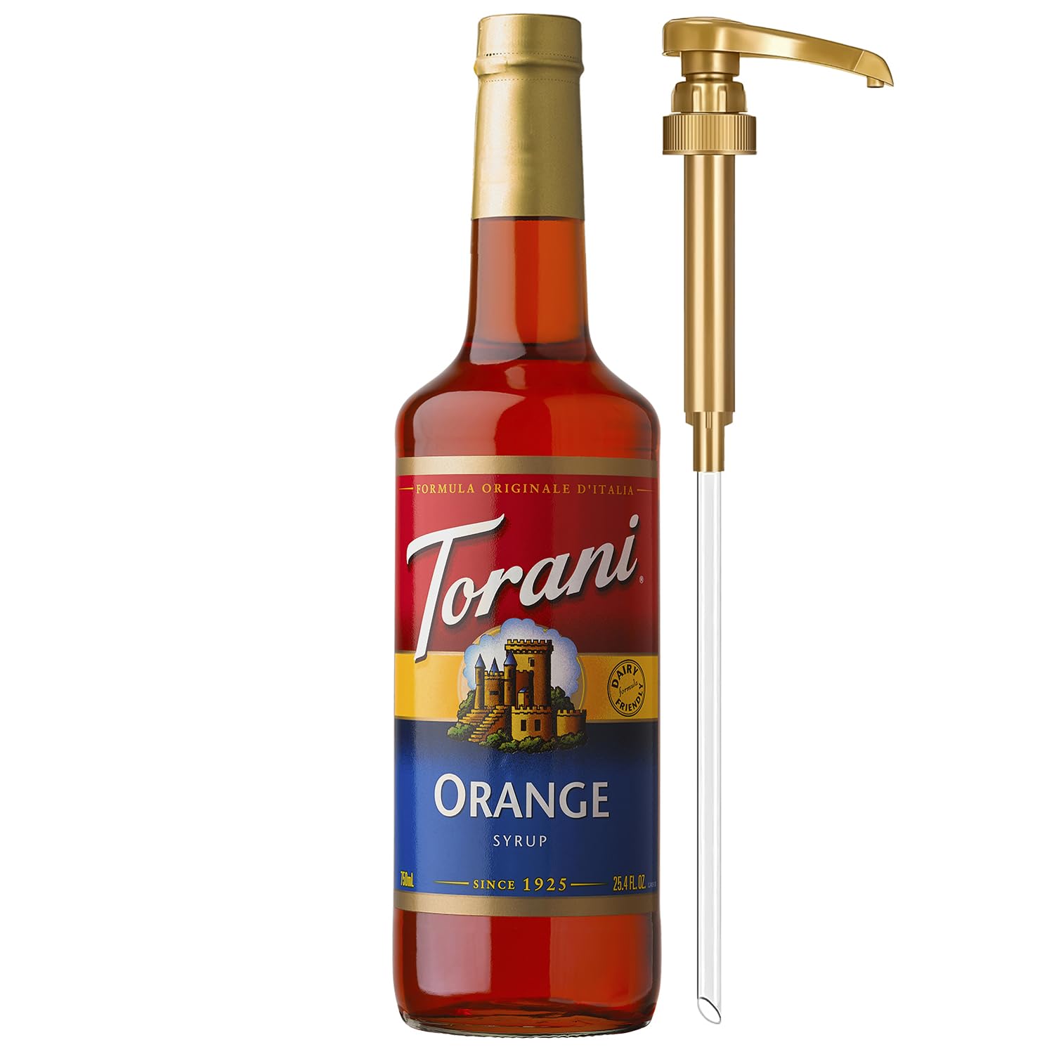 Torani bottle front view showing label and pump, highlights ease of use