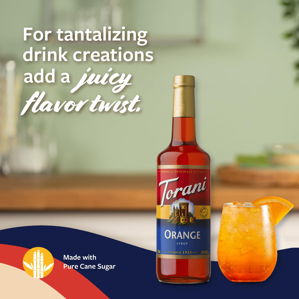 Torani syrup blended into iced tea with ice, enhancing bright flavor