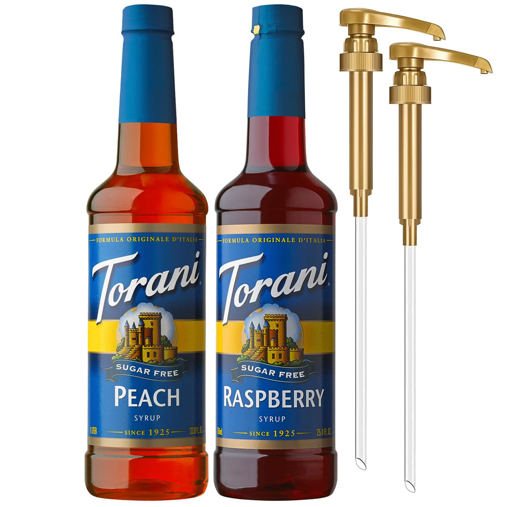 Torani front view showing raspberry and peach bottles and pumps, ideal for quick flavoring