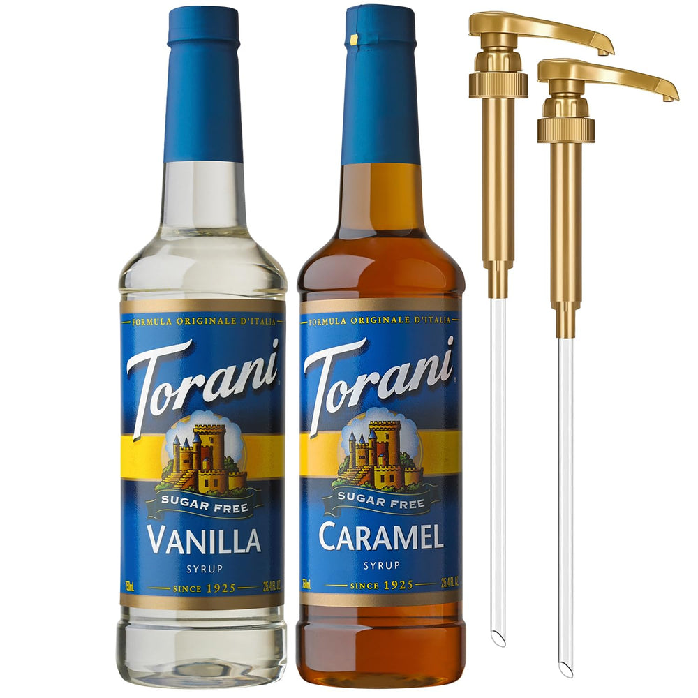 Torani bottles front view showing caramel and vanilla, clear labeling and convenience