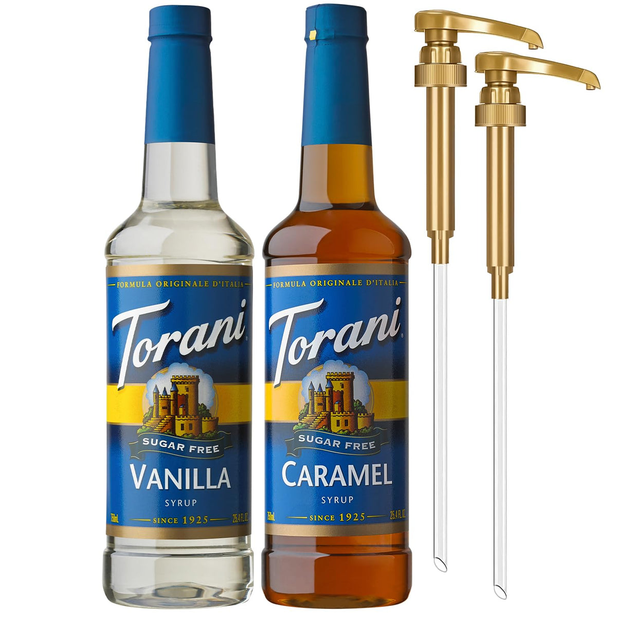 Torani bottles front view showing caramel and vanilla, clear labeling and convenience