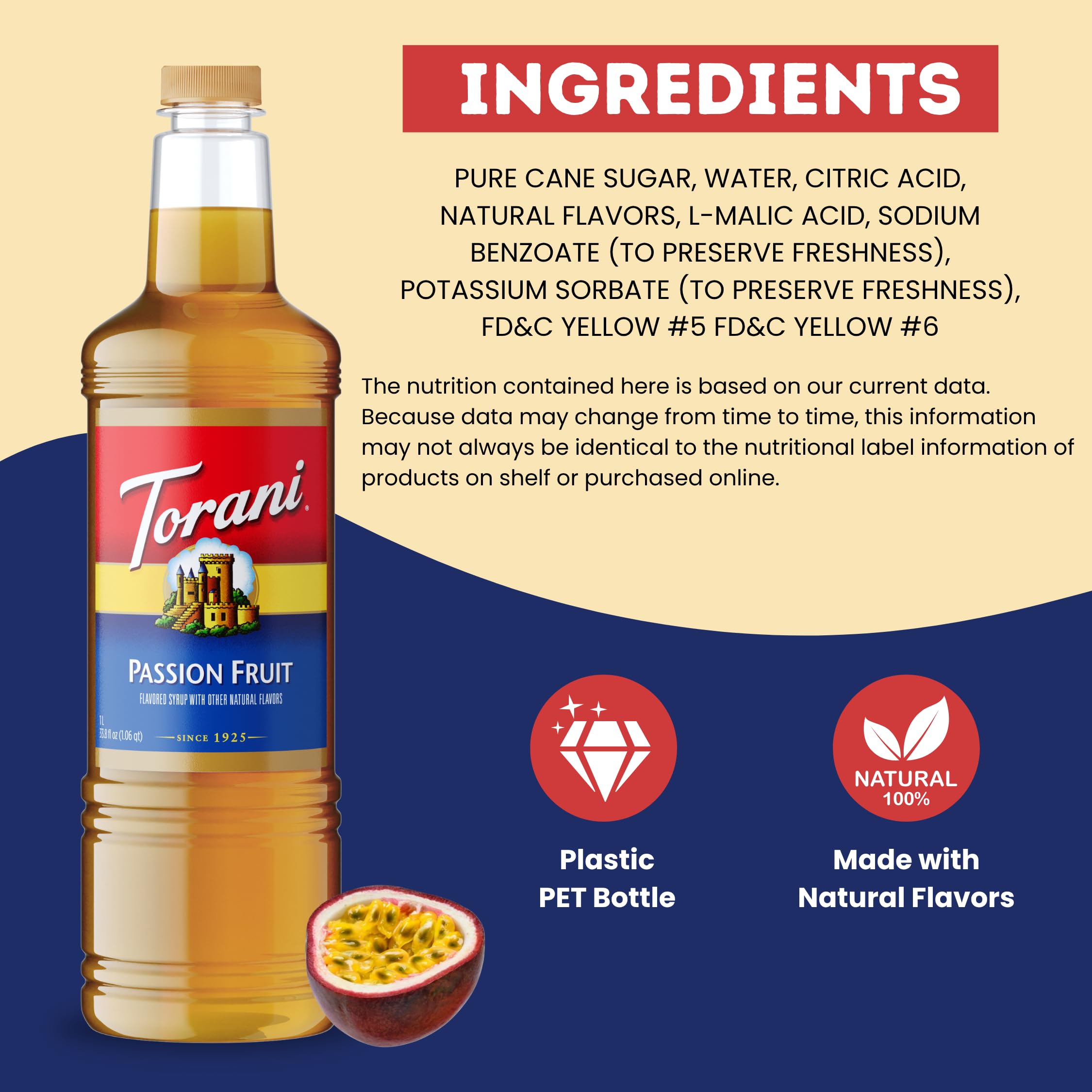 1L Torani bottle beside a glass illustrating bottle size and supply advantage